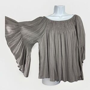 Oddy Smocked Off Shoulder Bell Sleeve Blouse Sz L Gray NWOT Closet Staple